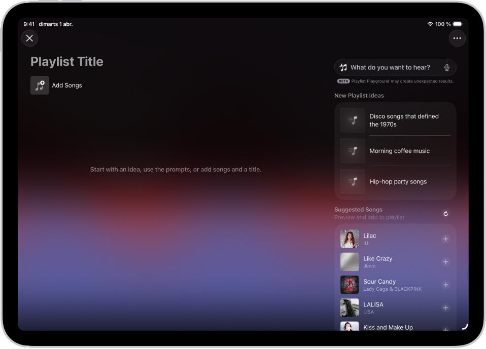 El Playlist Playground està obert a l’app Música, i s’hi mostra el camp del títol, el botó “Afegeix cançons” i un camp de cerca amb suggeriments per a la llista de reproducció a sota.