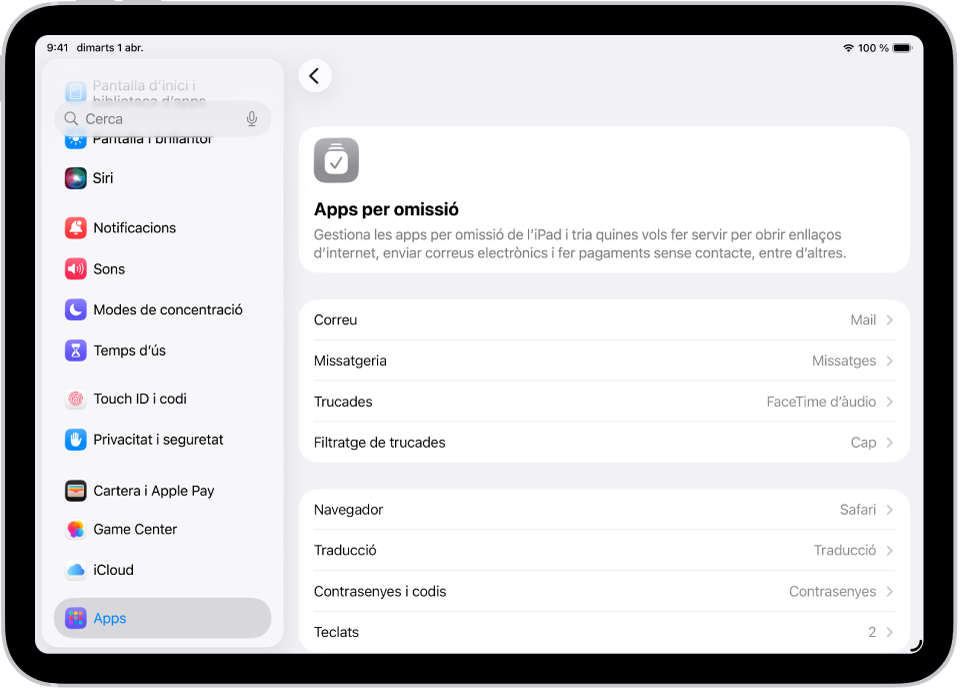 Es mostra la pantalla per canviar les apps per omissió per enviar correus electrònics, navegar per internet, etc.