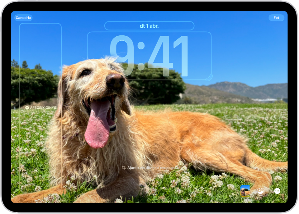 Una pantalla que mostra opcions de personalització per a la pantalla bloquejada de l’iPad amb una foto de la Terra. A la part esquerra, hi ha els ginys de “Rellotge”, “Calendari” i “Temps”. A la part dreta, hi ha opcions per canviar el tipus i el color de lletra del rellotge.