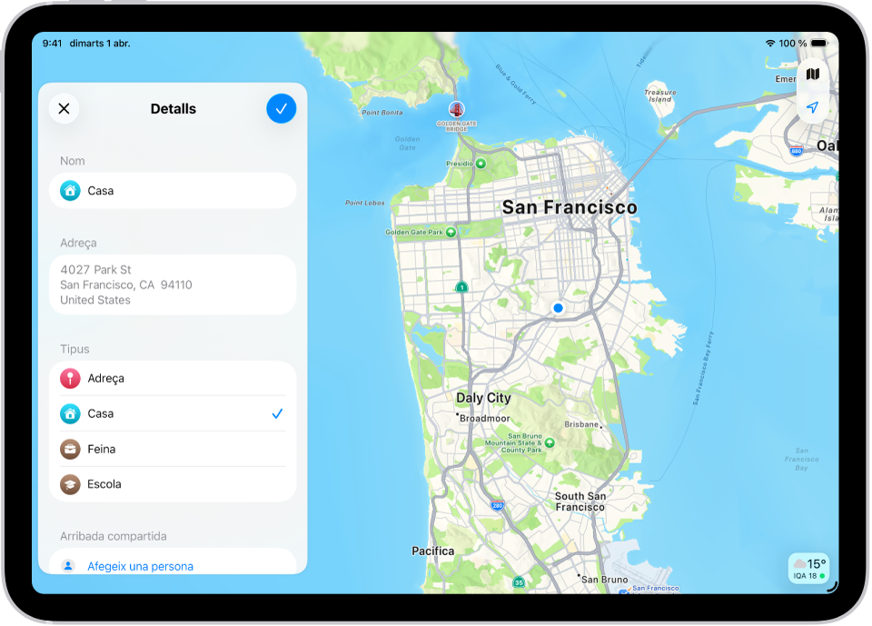L’app Mapes mostra la pantalla d’informació amb les opcions per definir una adreça com a casa, feina o escola.