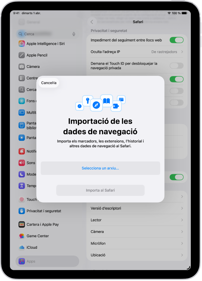 La pantalla d’importació de dades de navegació, en què es mostren les dades d’un altre navegador que s’importaran al Safari.