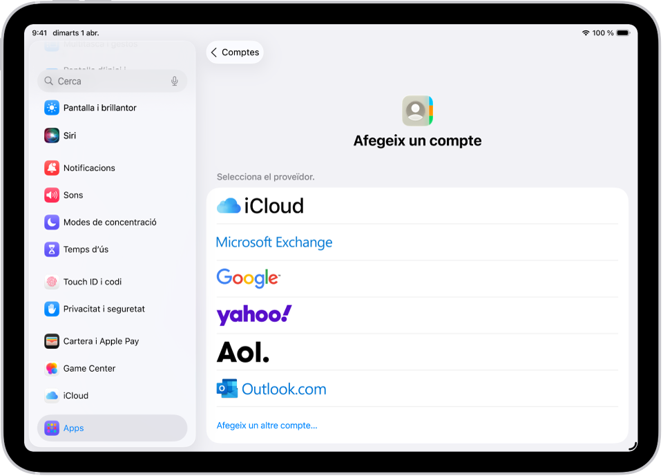 La pantalla per afegir un compte mostra diferents serveis de contactes.