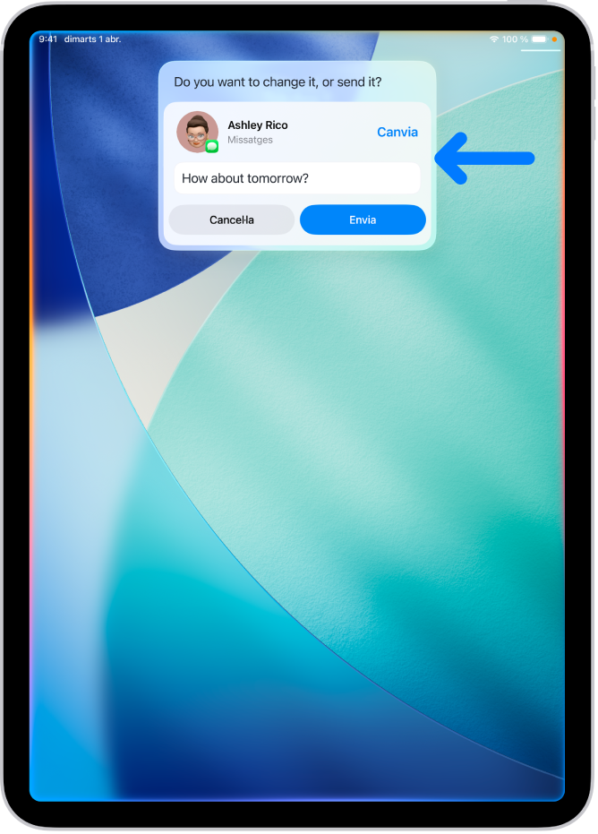 A la part superior de la pantalla d’un iPad es mostra una resposta de Siri en forma de missatge de text a punt per enviar‑se.