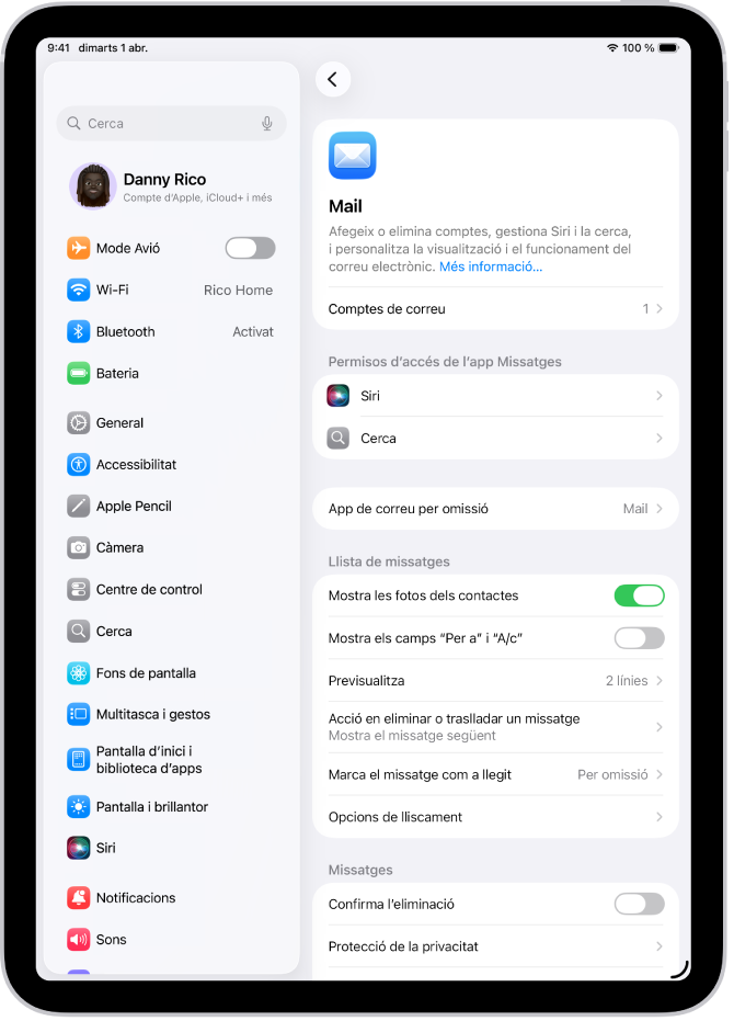 La pantalla de la configuració del Mail.