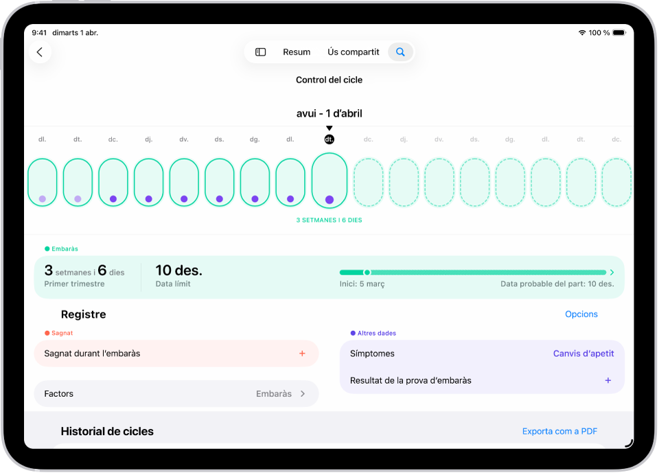 Pantalla de l’app Control del Cicle amb una línia de temps d’embaràs d’una setmana a la part superior. Els primers set dies es marquen a la línia de temps amb ovals de color verd clar i punts morats. La resta de dies de la línia de temps es marquen amb ovals de color verd clar amb una línia discontínua. A sota de la línia de temps hi ha un resum de l’embaràs que mostra l’edat gestacional, la data d’inici i la data probable del part. A sota del resum de l’embaràs, hi ha opcions per afegir informació sobre el sagnat durant l’embaràs i els símptomes, entre d’altres.