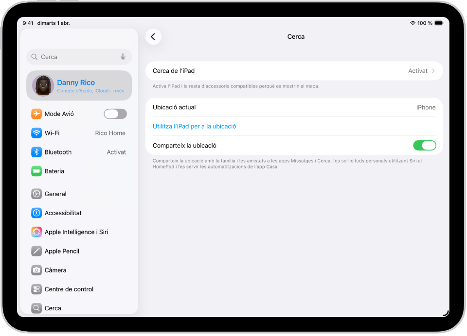 La pantalla de configuració de l’app Cerca amb opcions per activar la cerca de l’iPad i la ubicació compartida.