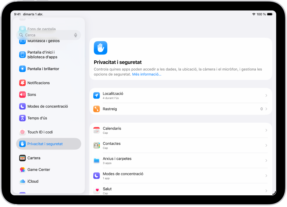 Una pantalla de configuració que mostra opcions de privacitat i seguretat, com ara “Localització” i “Rastreig”.