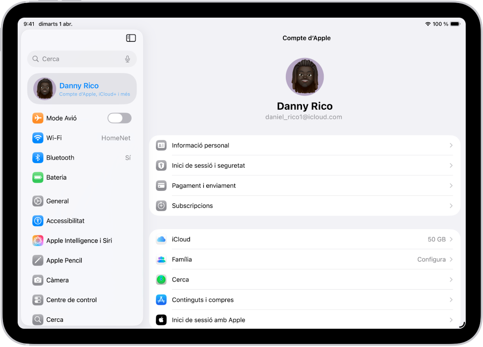 La configuració del compte d’Apple amb una llista d’opcions: informació personal, subscripcions, Cerca, etc.