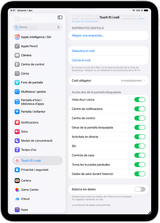 La configuració del Face ID i el codi, amb opcions per permetre l’accés a funcions concretes quan l’iPad està bloquejat.