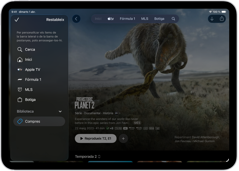 Un iPad amb les opcions per editar la barra de pestanyes a la part superior de la pantalla.