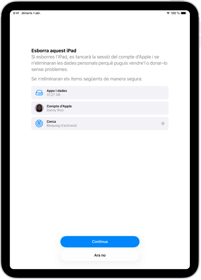 La pantalla “Esborra l’iPad”.