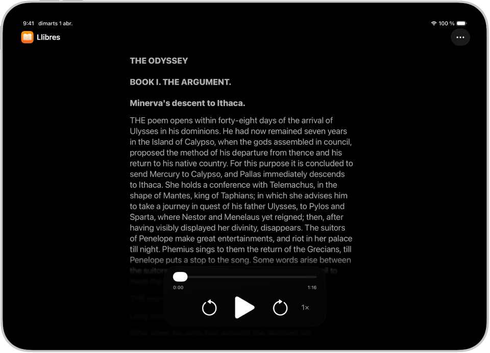 La pantalla del lector d’accessibilitat mostra text de l’app Arxius que apareix en lletres grans i el fons negre.