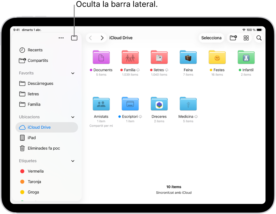L’app Arxius mostra els arxius i les carpetes de l’iCloud Drive. A la part superior de la pantalla hi ha els botons per seleccionar ítems, crear una carpeta nova, canviar la visualització (en llista, icones o columnes) i la cerca.