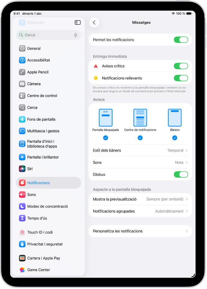 La configuració de les notificacions de l’app Missatges a l’app Configuració.