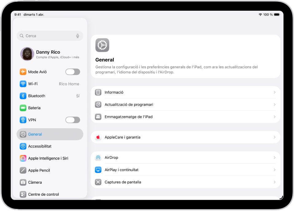 Pantalla d’inici de l’iPad amb diverses icones d’apps, inclosa la de l’app Configuració, que pots tocar per canviar el volum del so, la brillantor de pantalla i molts paràmetres més de l’iPad.