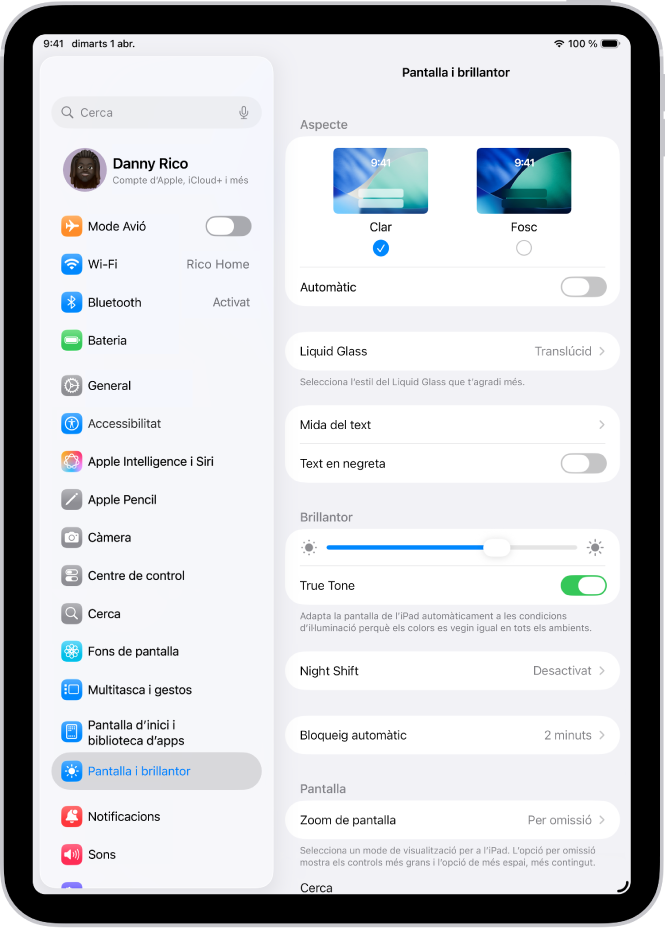 Es mostra la pantalla “Pantalla i brillantor” de l’app Configuració.
