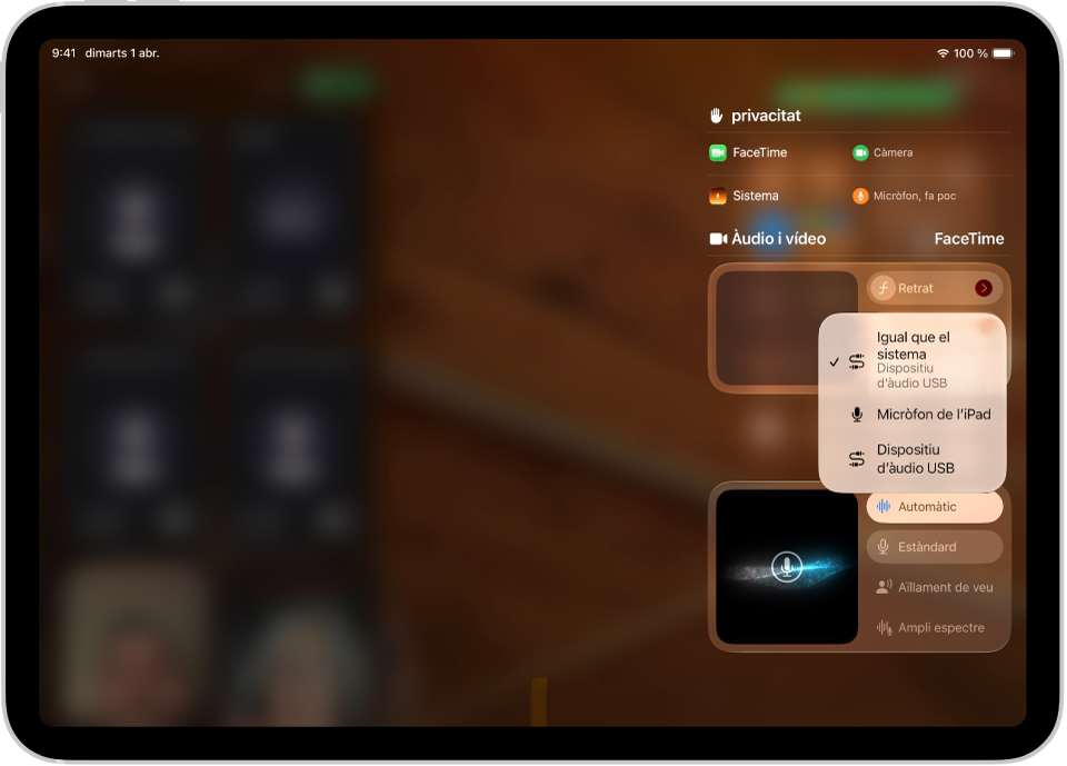 En un menú del centre de control es mostren opcions de font d’entrada per gravar la teva part d’una videoconferència.