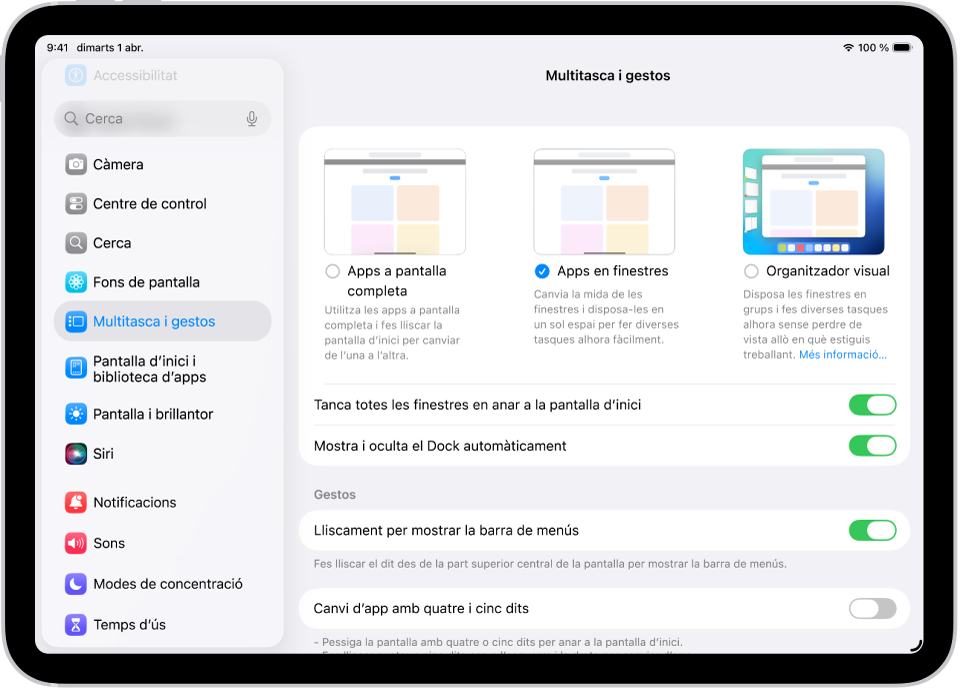 Finestra de l’iPad que mostra la configuració de “Multitasca i gestos”.