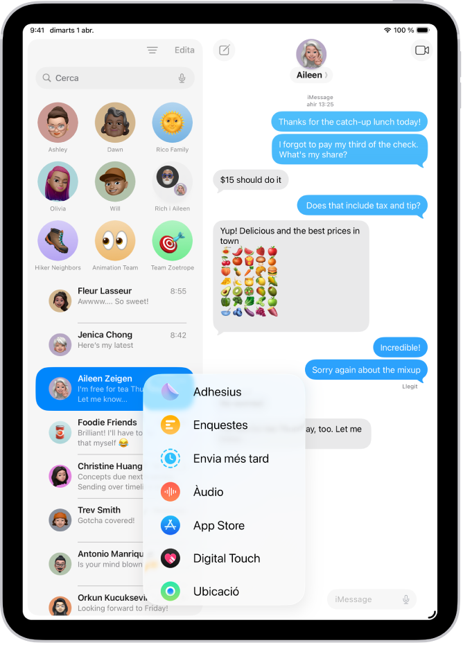 Després de tocar el botó “Afegeix” en una conversa de l’app Missatges, apareix una llista de funcions que pots afegir al missatge.