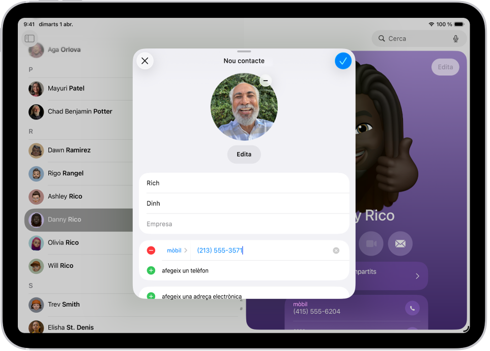 La finestra per crear un contacte nou a l’app Contactes.