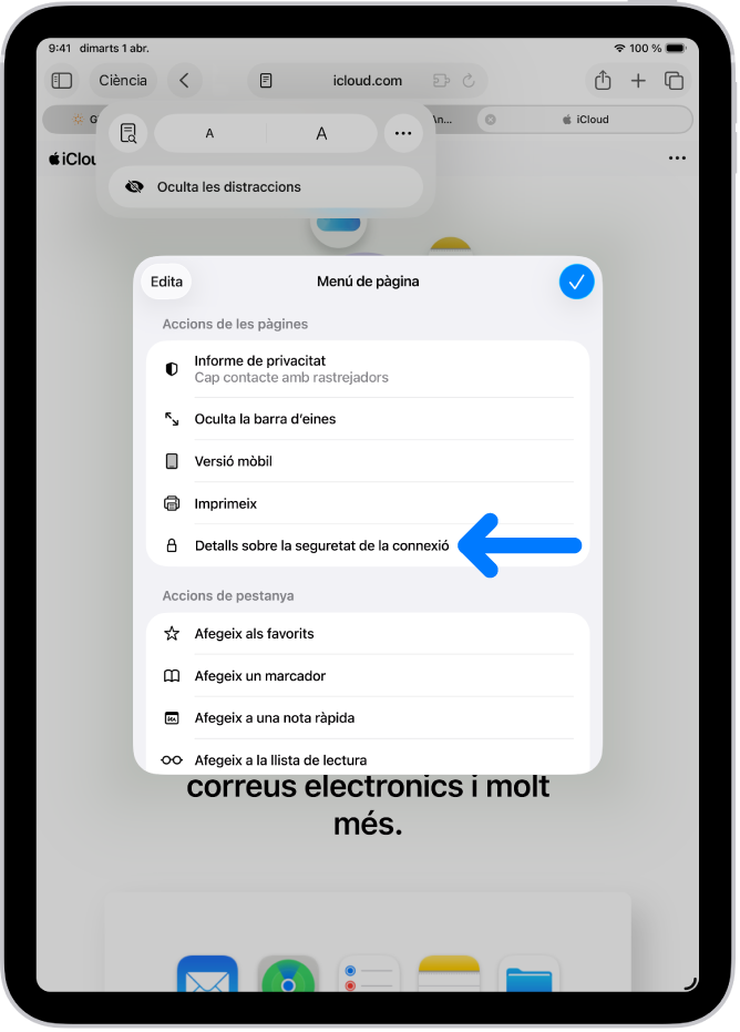 S’obre el menú de pàgina al Safari i, a la meitat de la pàgina, hi ha el control “Detalls sobre la seguretat de la connexió”.