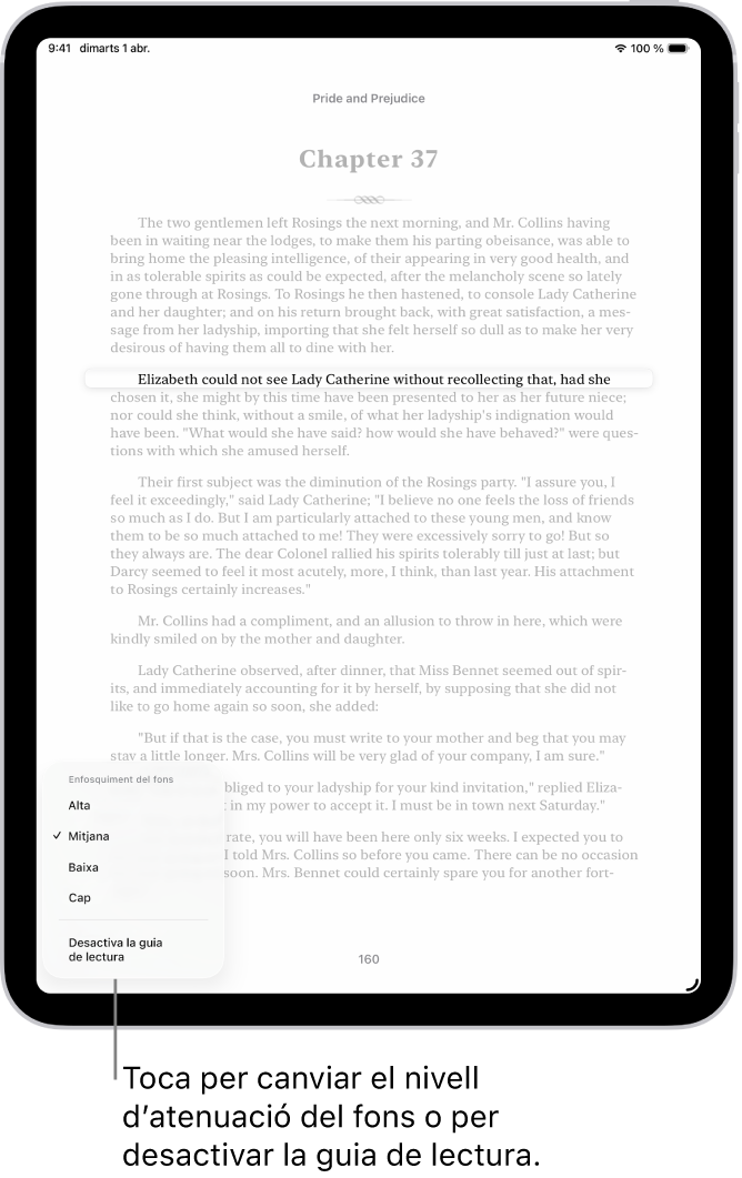 Pàgina d’un llibre a l’app Llibres. Es ressalta una sola línia de text i la resta s’atenua. A la part inferior esquerra de la pantalla hi ha el botó “Menú de la guia de lectura”.