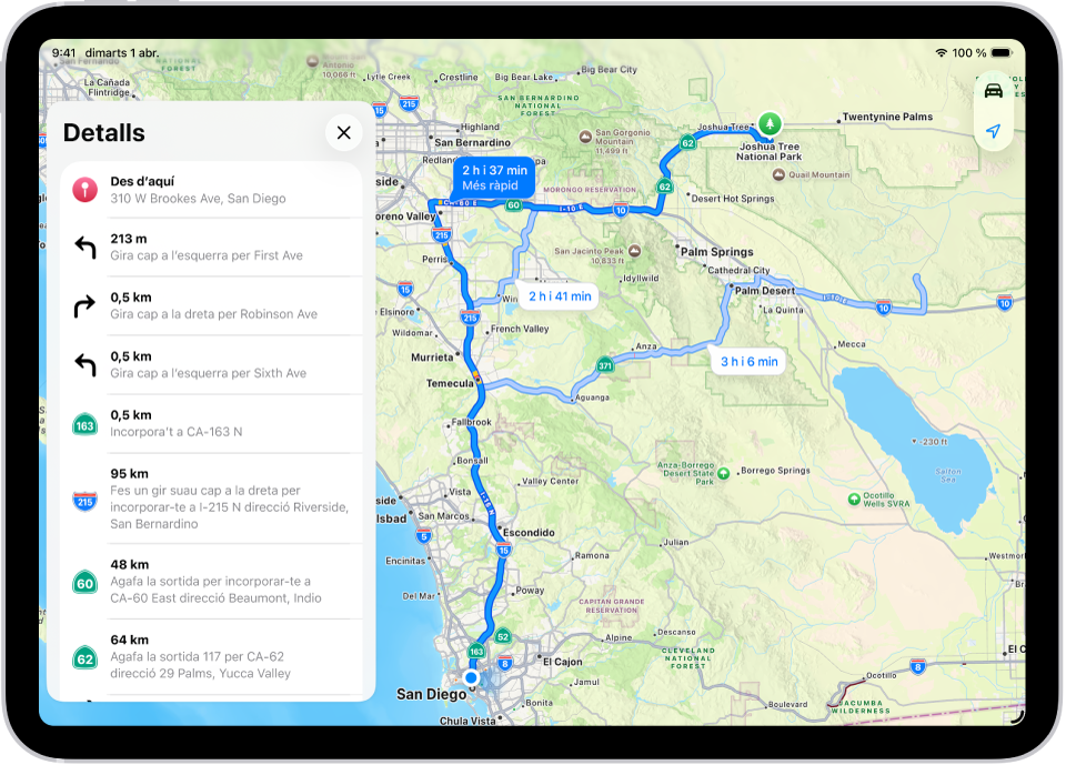 Un mapa en què es veuen tres opcions de ruta i una llista detallada de la ruta per arribar a la destinació fent la menor quantitat de girs possible.