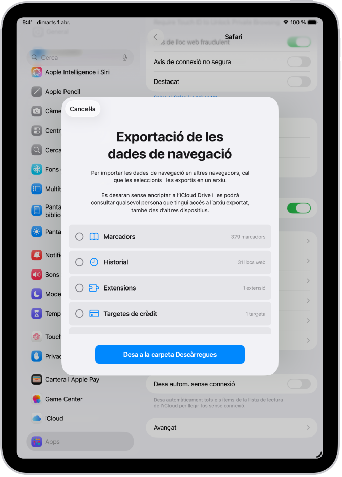 La pantalla d’exportació de les dades de navegació, amb l’opció “Contrasenyes” seleccionada per a l’exportació a un altre gestor de contrasenyes.