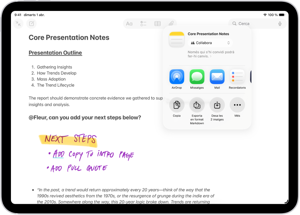 Una pantalla en què es veuen notes fotogràfiques. A la dreta, una superposició mostra les opcions per compatir com el Mail i l’app Missatges.