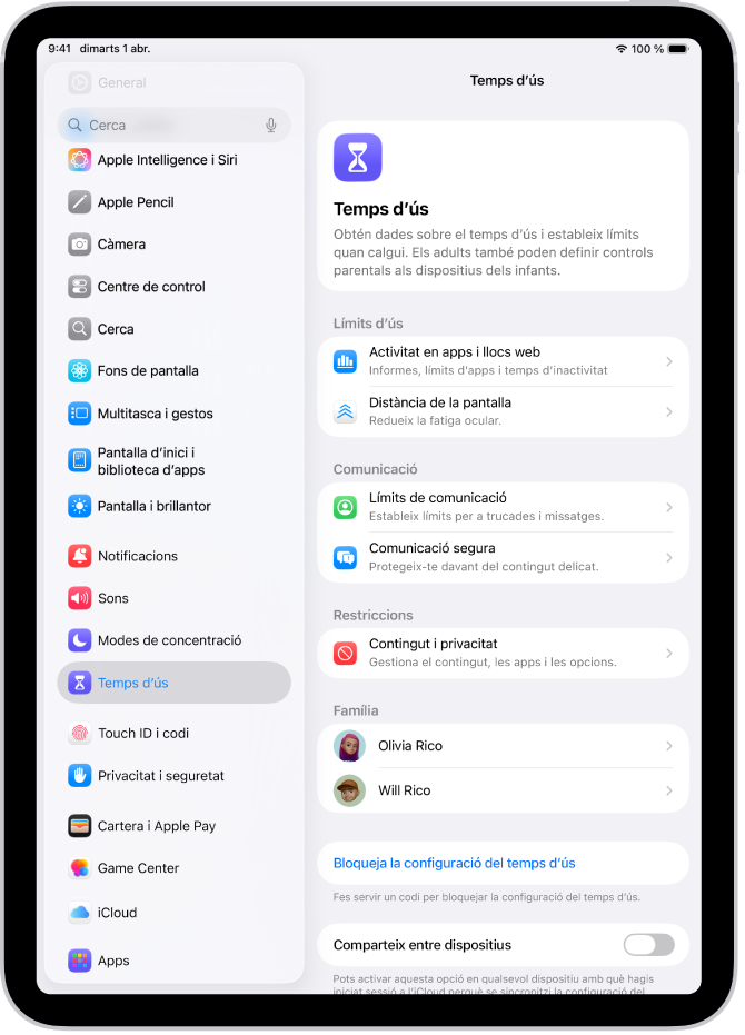Pantalla de configuració del temps d’ús en què es mostra que cal tocar “Activitat a les apps i als llocs web” per començar.