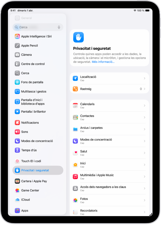 Es mostra la pantalla “Privacitat i seguretat”, amb la configuració de la secció “Localització” i “Rastreig” i opcions per controlar quines apps poden accedir a les teves dades.