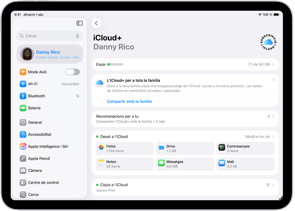 Pantalla de configuració de l’iCloud amb l’indicador d’emmagatzematge a i una llista que inclou l’app Fotos, l’iCloud Drive i la funció de còpia a l’iCloud, entre altres apps i funcions que es poden utilitzar amb l’iCloud.