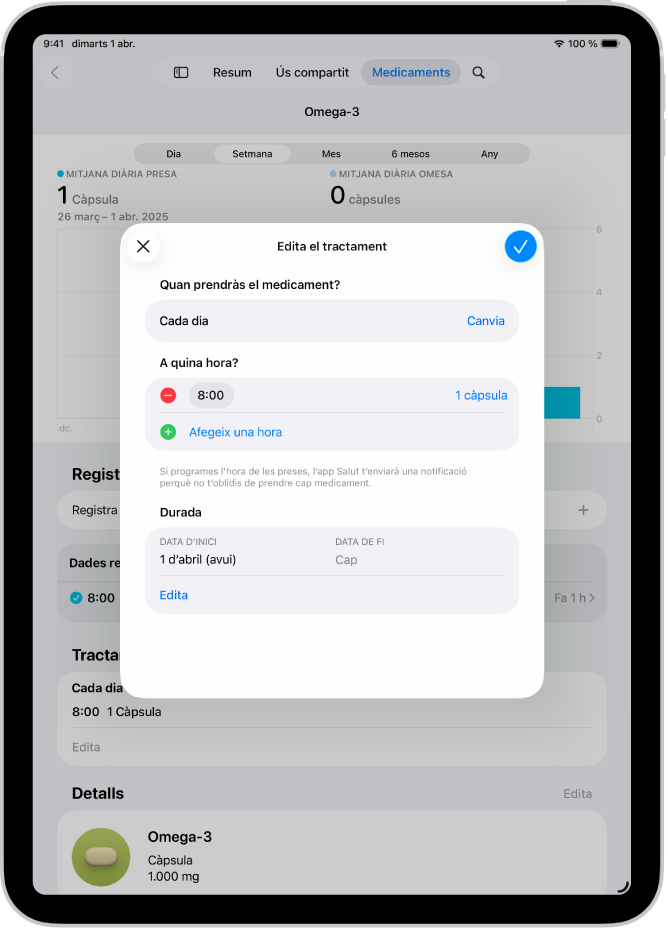 Pantalla de medicaments de l’app Salut, en què es mostren les opcions per modificar l’horari d’un medicament.