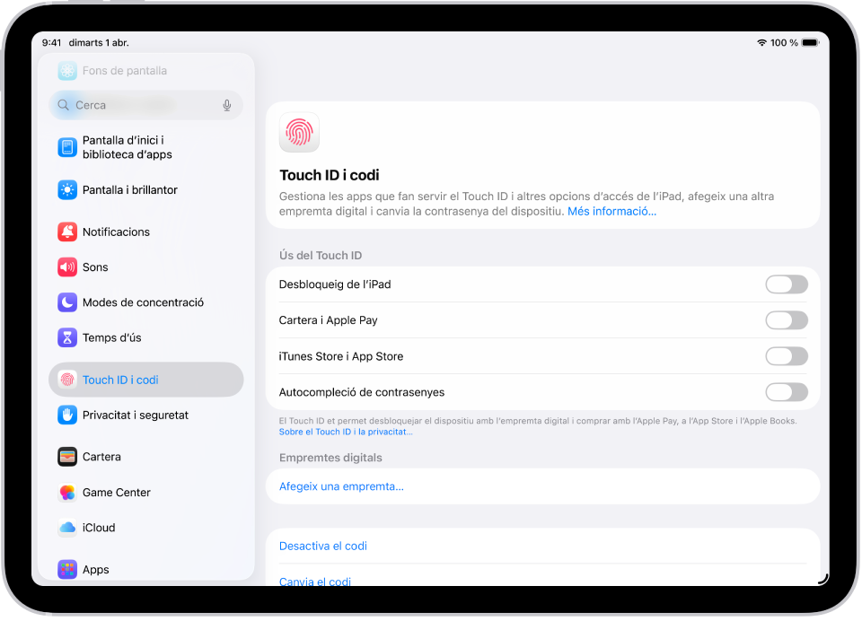 Una pantalla amb la configuració del Touch ID i codi i opcions per afegir una empremta i activar el codi.