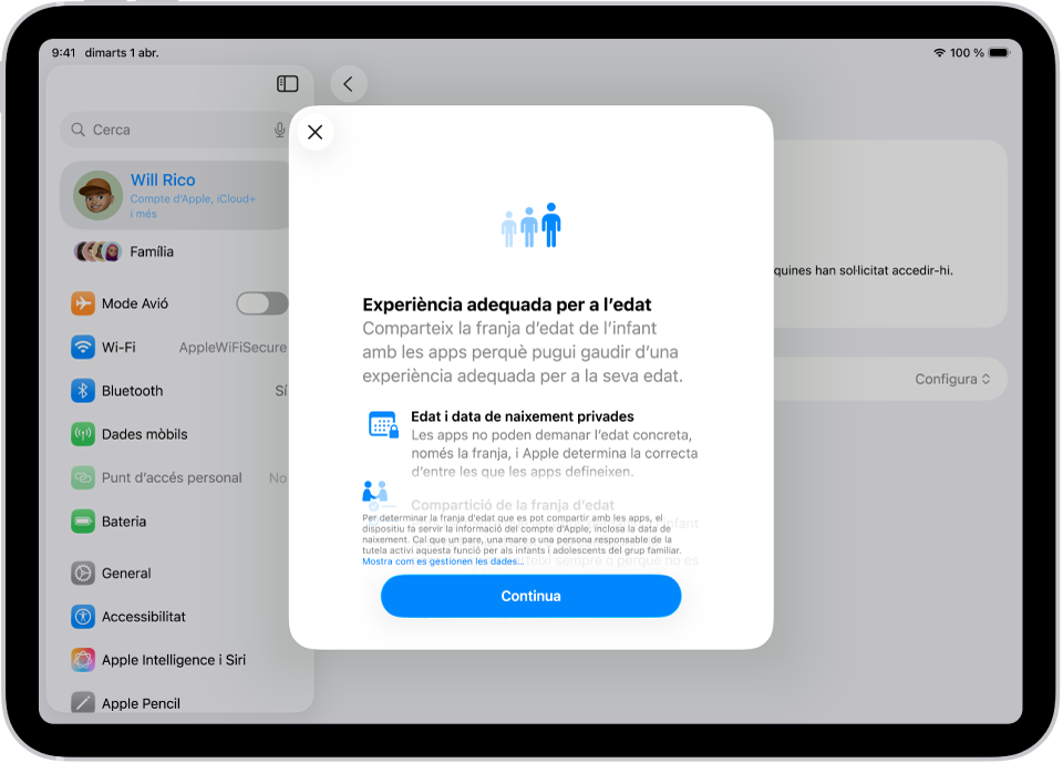 La pantalla de l’app Configuració de l’iPad mostra les experiències adequades segons l’edat a la configuració de les apps, on s’explica com es pot ajudar la canalla a fer servir apps adequades per a la seva edat compartint la seva franja d’edat.