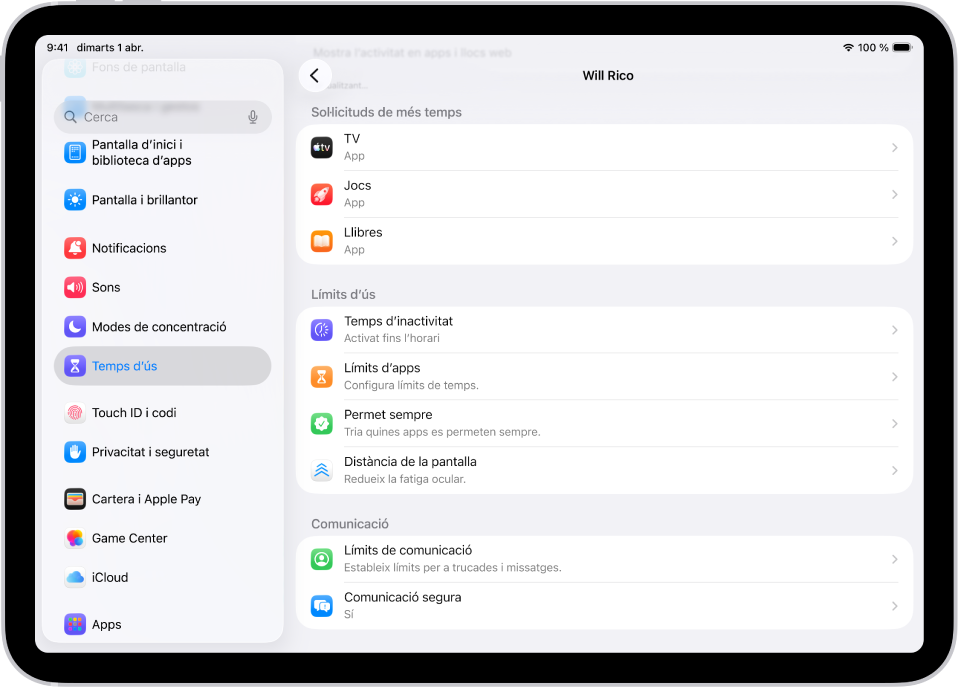 Pantalla d’un infant del grup familiar en què es mostra la secció “Sol·licituds de més temps”.