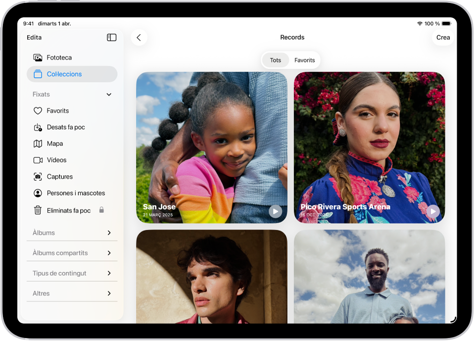 S’obre la col·lecció “Records” a l’app Fotos. Se selecciona la pestanya “Tot” i es veu una llista de records a sota.