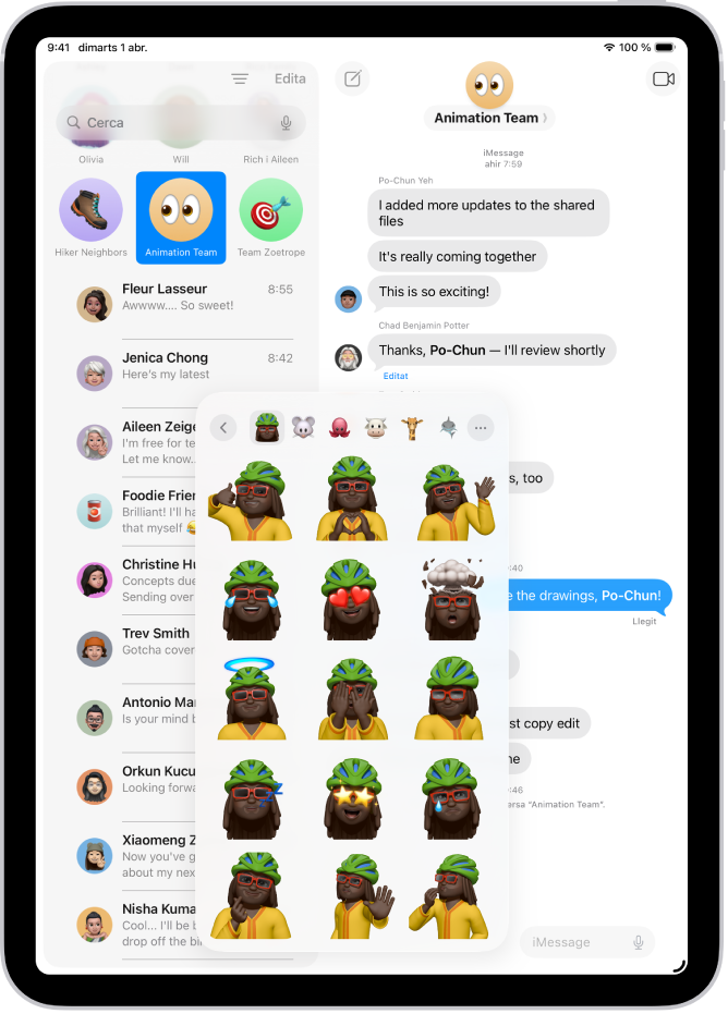 Un menú obert en una conversa de l’app Missatges en què es veu un memoji en diverses postures.