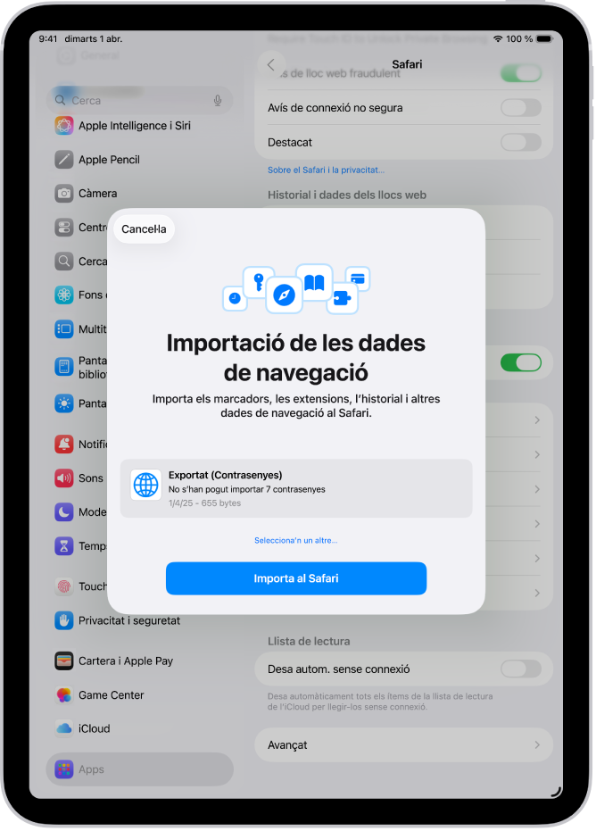 La pantalla d’importació de les dades de navegació, en què es mostra l’arxiu CSV de contrasenyes d’un altre gestor de contrasenyes que s’importarà.