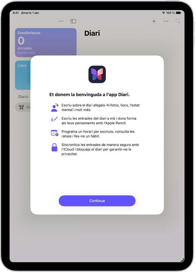Pantalla de benvinguda de l’app Diari.
