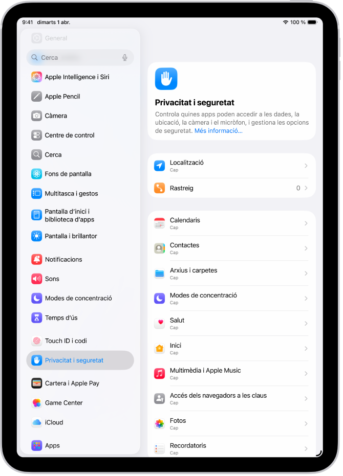La configuració de la localització a la secció de privacitat i seguretat, amb opcions per compartir la ubicació de l’iPad, inclosa la configuració personalitzada per a cada app.
