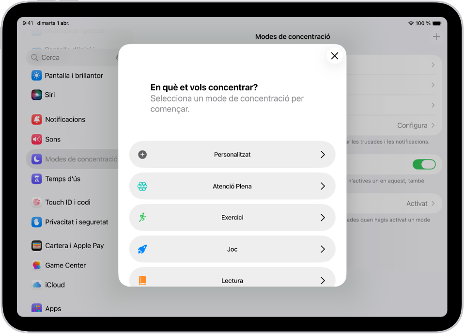 Pantalla de configuració dels modes de concentració de les opcions de concentració addicionals proporcionades, incloses “Personalitzat”, “Fitnes”, “Jocs”, “Atenció plena” i “Lectura”.