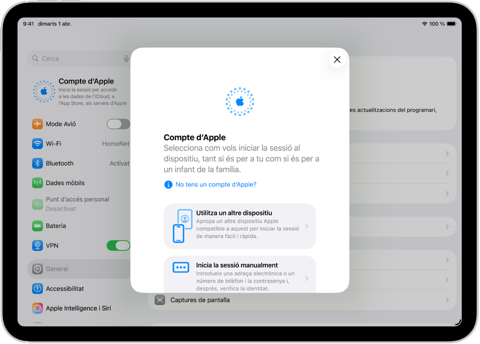 La pantalla de configuració, amb el quadre de diàleg per iniciar la sessió amb compte d’Apple al mig.