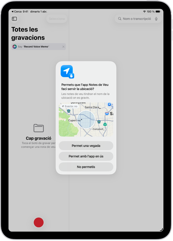 La sol·licitud d’una app per utilitzar les dades de la ubicació a l’iPad. Les opcions són: “Permet una vegada”, “Permet amb l’app en ús” i “No permetis”.