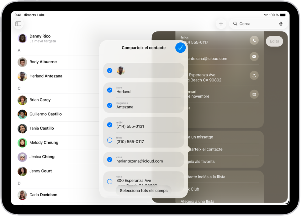 La finestra per compartir un contacte a l’app Contactes.