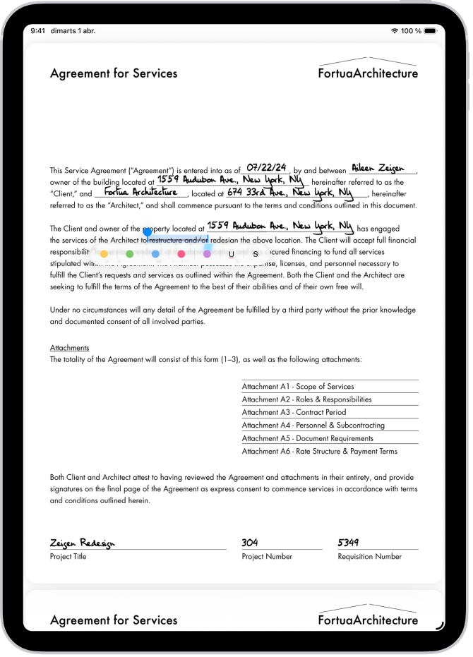 Un arxiu PDF a l’app Previsualització en què es mostra un text ressaltat, els colors de ressaltat disponibles i les eines de subratllat i ratllat.