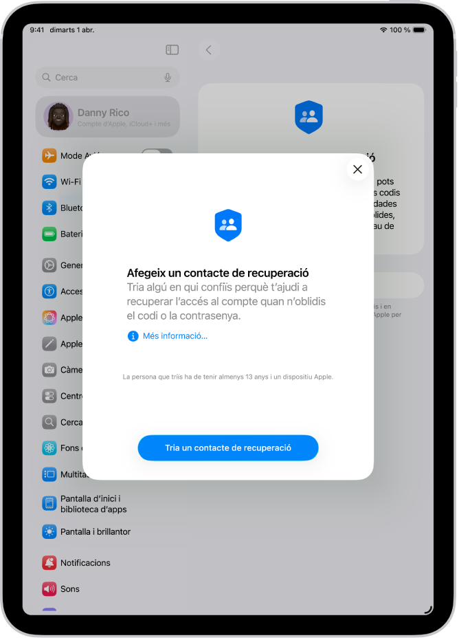 La pantalla “Contacte de recuperació del compte” amb informació sobre aquesta funció. El botó per afegir un contacte de recuperació es troba a la part inferior.