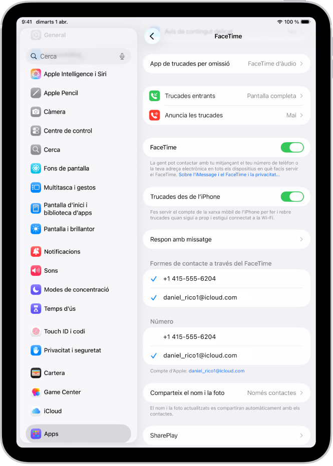 La pantalla de configuració del FaceTime, amb l’opció “App de trucades per omissió”, el control per activar o desactivar el FaceTime i el compte d’Apple que s’utilitza per al FaceTime.