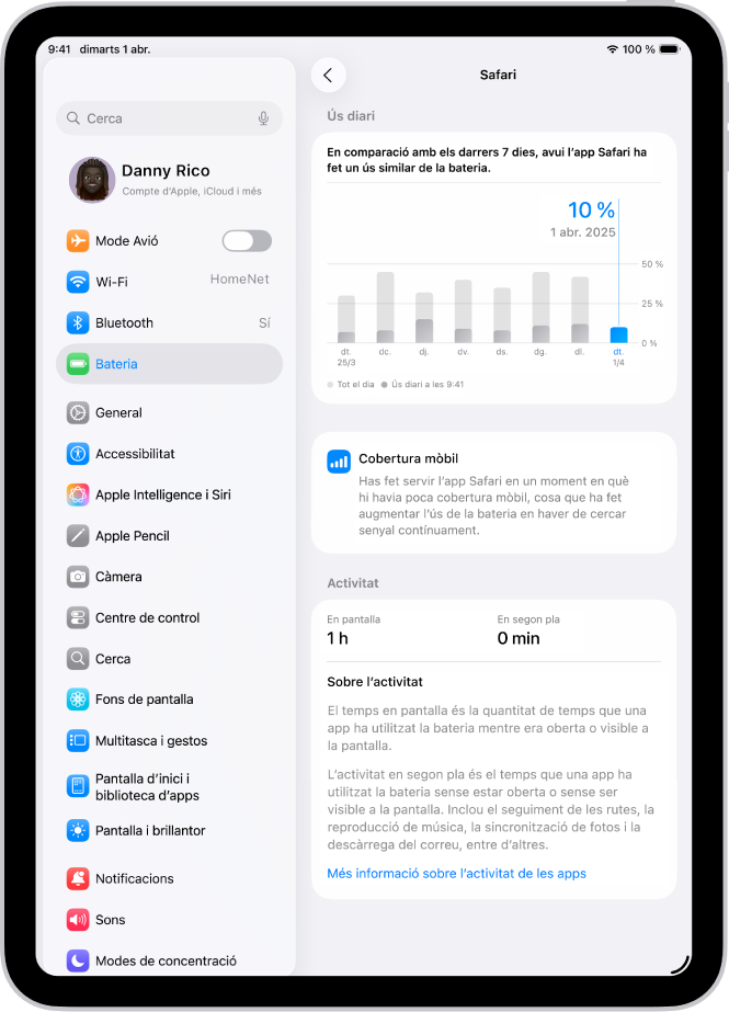 La pantalla de la bateria a l’app Configuració de l’iPad mostrant el detall de consum de bateria del Safari. La pantalla inclou un gràfic de consum diari, una nota sobre com ha afectat la cobertura mòbil a la durada de la bateria i un desglossament de l’estona d’activitat de l’app en primer pla i en segon pla.