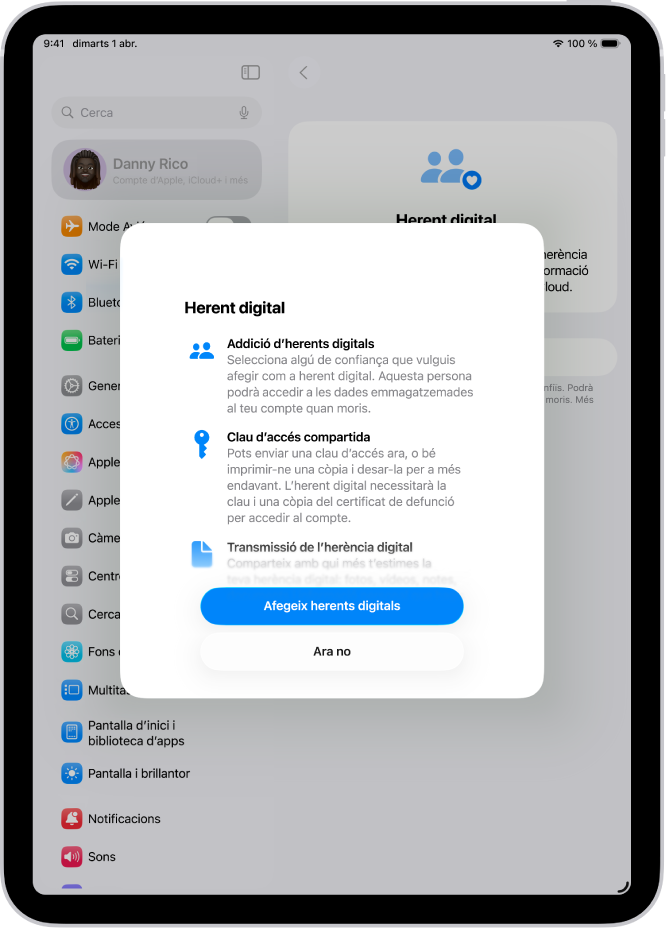 La pantalla “Herent digital” amb informació sobre aquesta funció. El botó “Afegeix herents digitals” es troba a la part inferior.